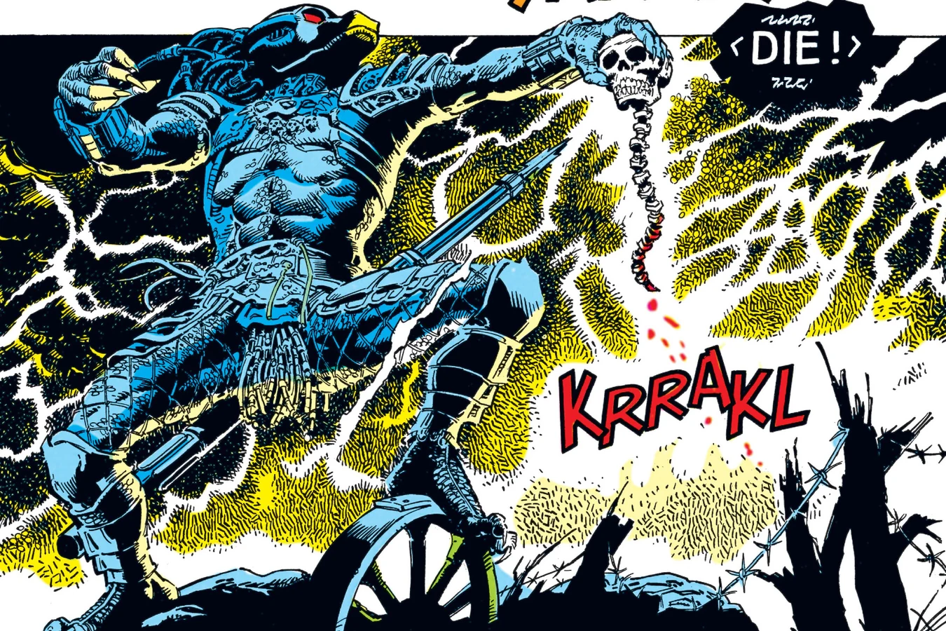 The Predator raising a skull and spine in a storm of lightning as German soldiers attack in Predator: Bloody Sands of Time
