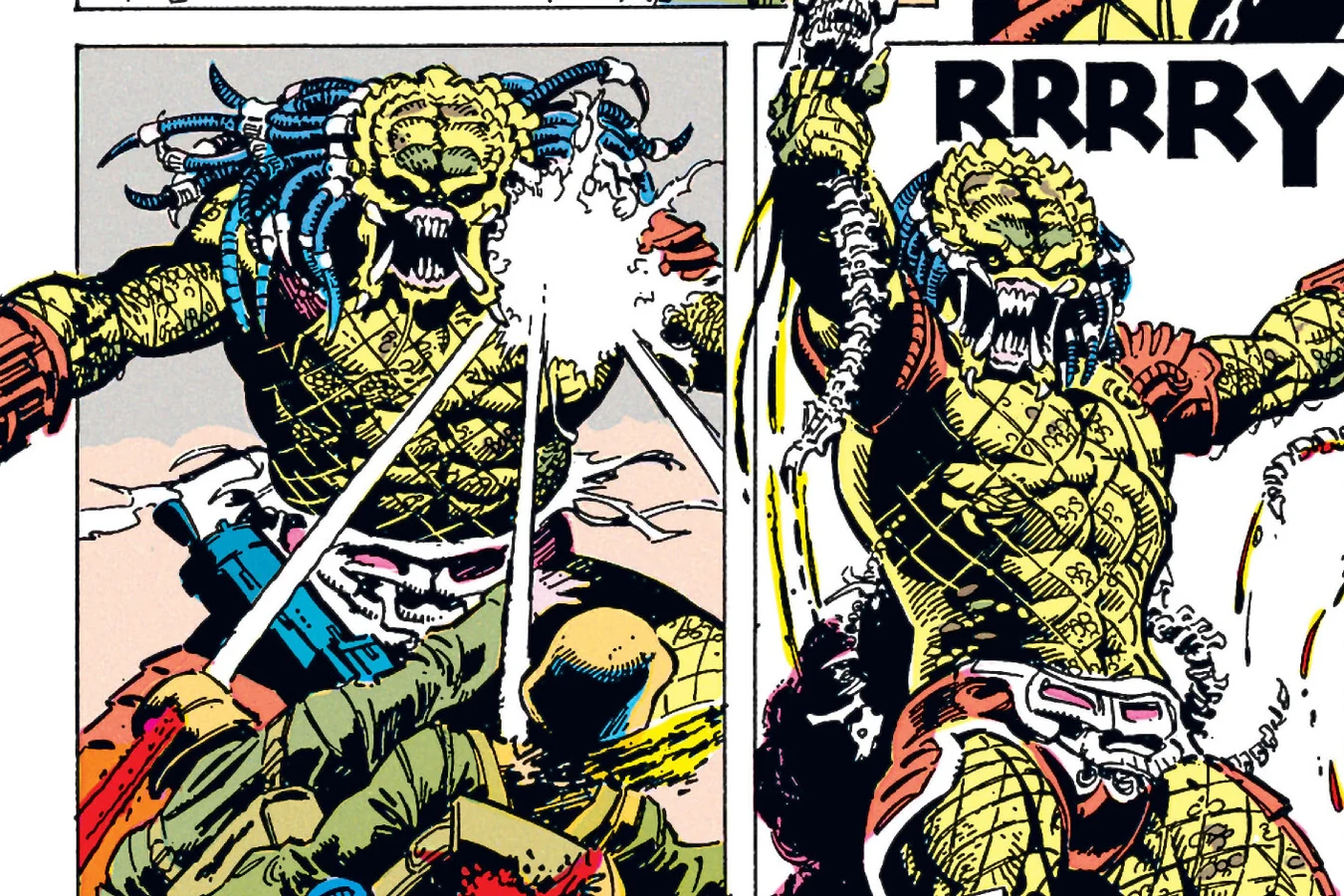 The Predator roaring as it holds up a skull among German soldiers in Predator: Bloody Sands of Time