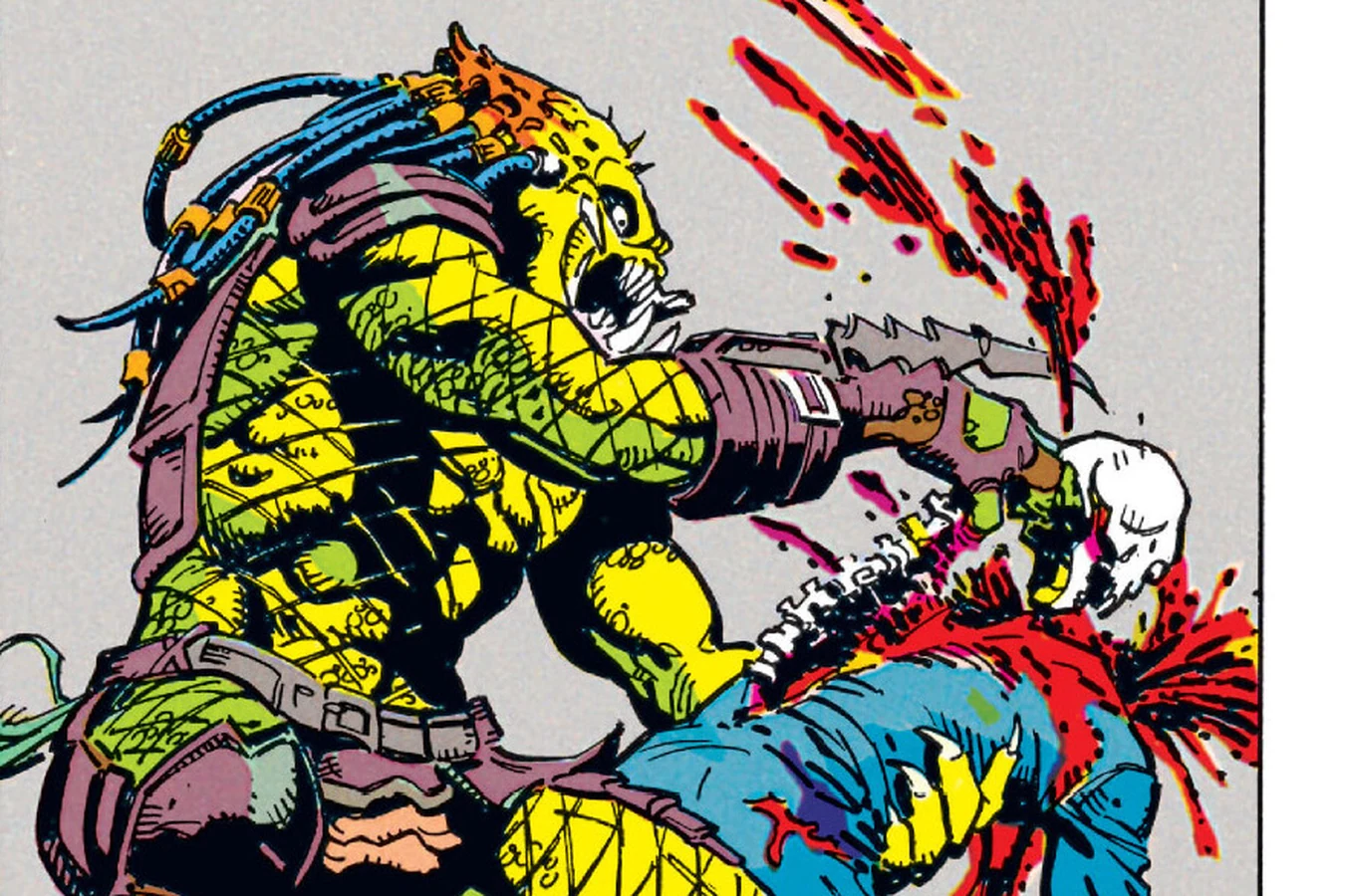 The Predator tearing out a soldier's spine as seen through its lost helmet in Predator: Bloody Sands of Time