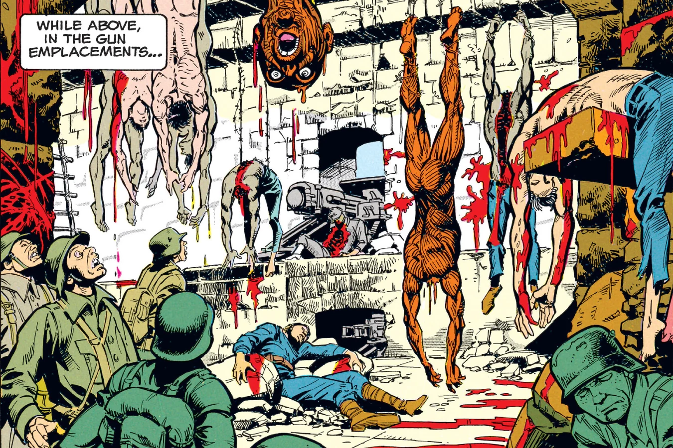 Skinned bodies hanging upside down in the gun emplacements of Fort Douaumont in Predator: Bloody Sands of Time