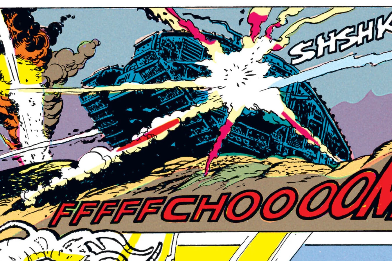A British tank struck by a shell in an explosion of flame in Predator: Bloody Sands of Time