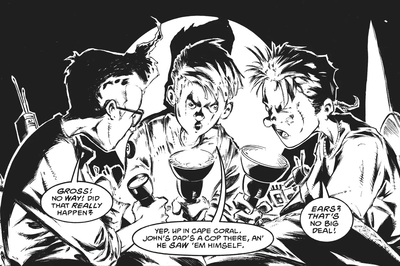 Three boys with flashlights trade monster stories in a backyard tent, from Predator: Bump in the Night