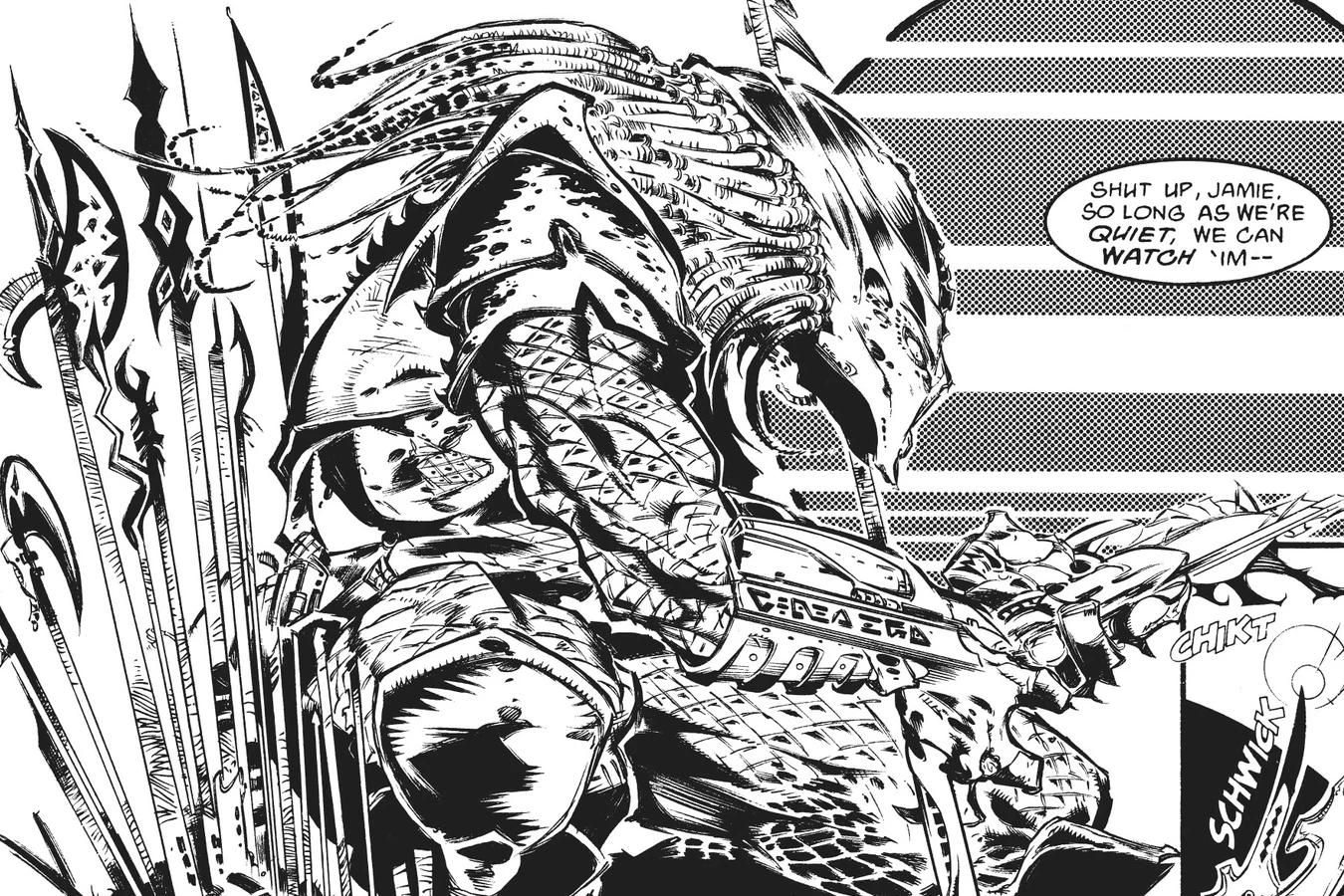 Three boys sneak from behind through dense Florida swamp foliage at night, from Predator: Bump in the Night