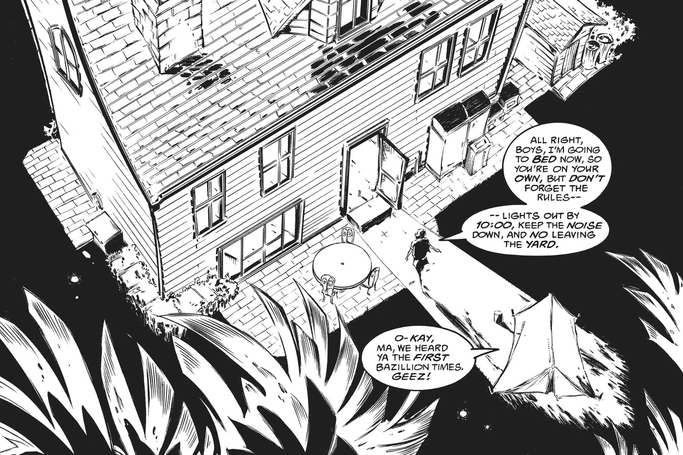 A Florida house and backyard tent at night as Bobby's mother sends the boys to camp with lights-out rules, from Predator: Bump in the Night