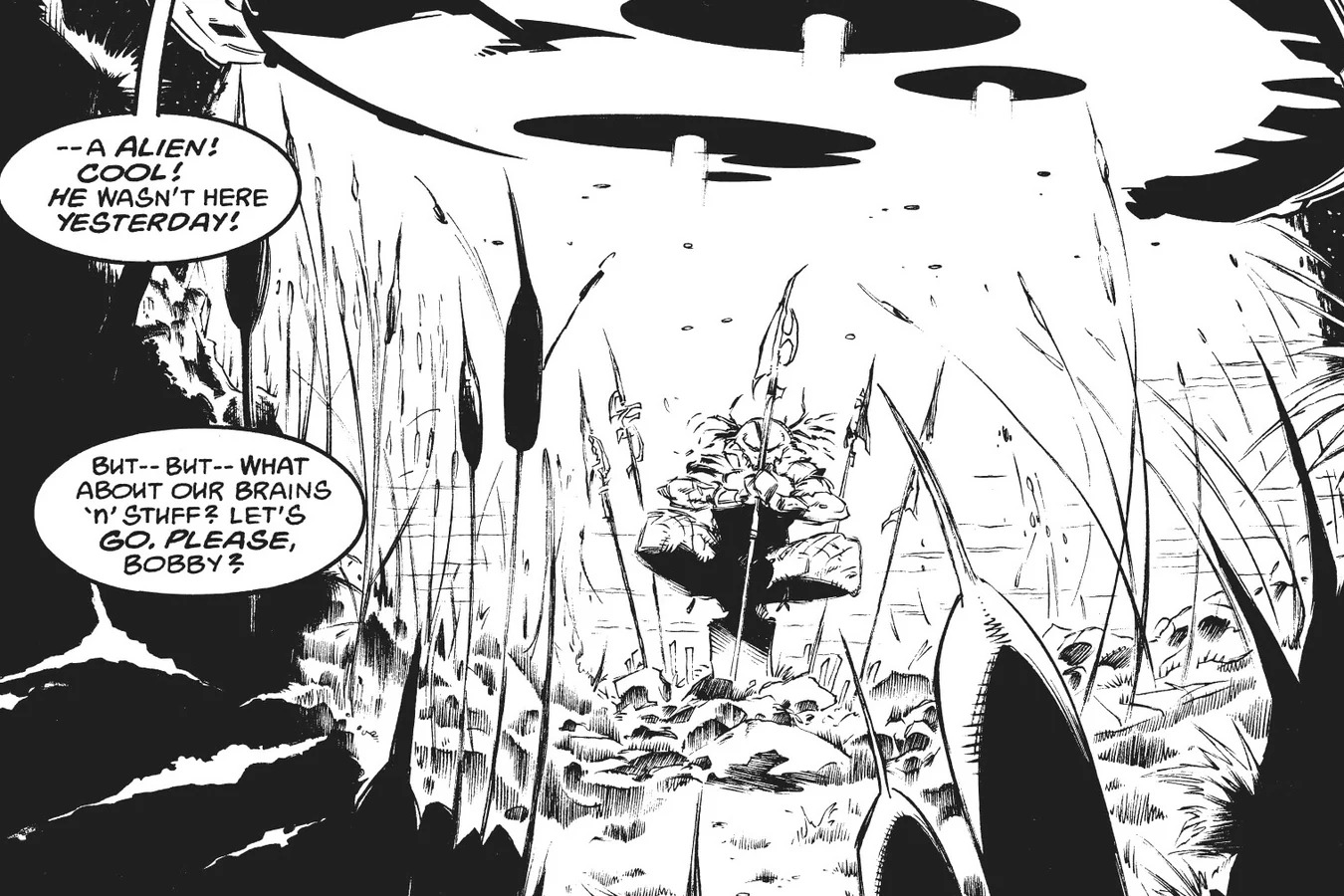 A Predator crouched under its ship with spears in a Florida swamp, from Predator: Bump in the Night