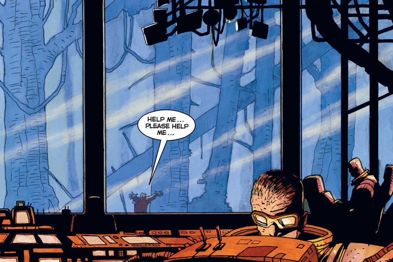 A yellow-goggled technician in the control room overlooks the blue-lit bio-dome forest as the trapped guest pleads for help, from Predator: Captive