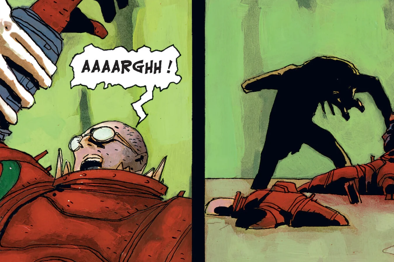 Tyler Stern in red armor screams as a pale clawed hand seizes him, then the Captive Predator stands in silhouette over his fallen armored body, from Predator: Captive