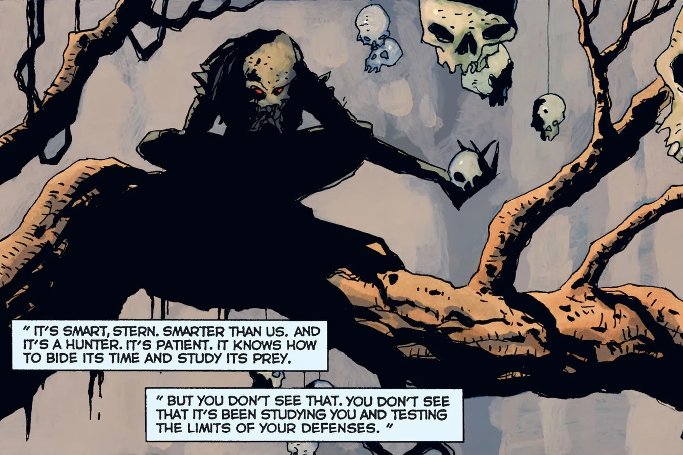The Captive Predator perched in a gnarled tree among hanging human skull trophies inside the bio-dome, from Predator: Captive