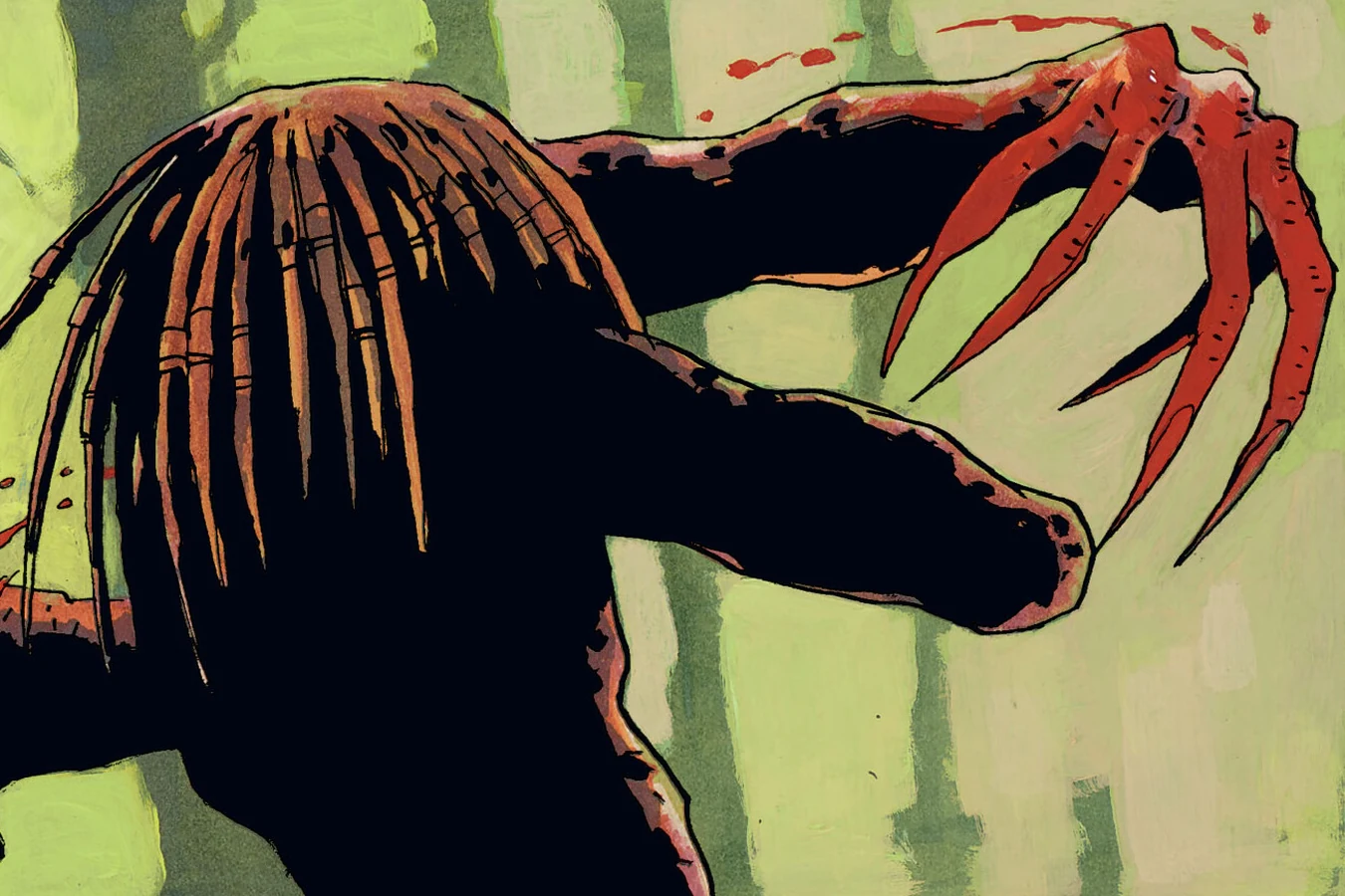 The Captive Predator seen from behind with gold-banded dreadlocks, extending a red clawed hand amid blood spatter during the demonstration hunt, from Predator: Captive