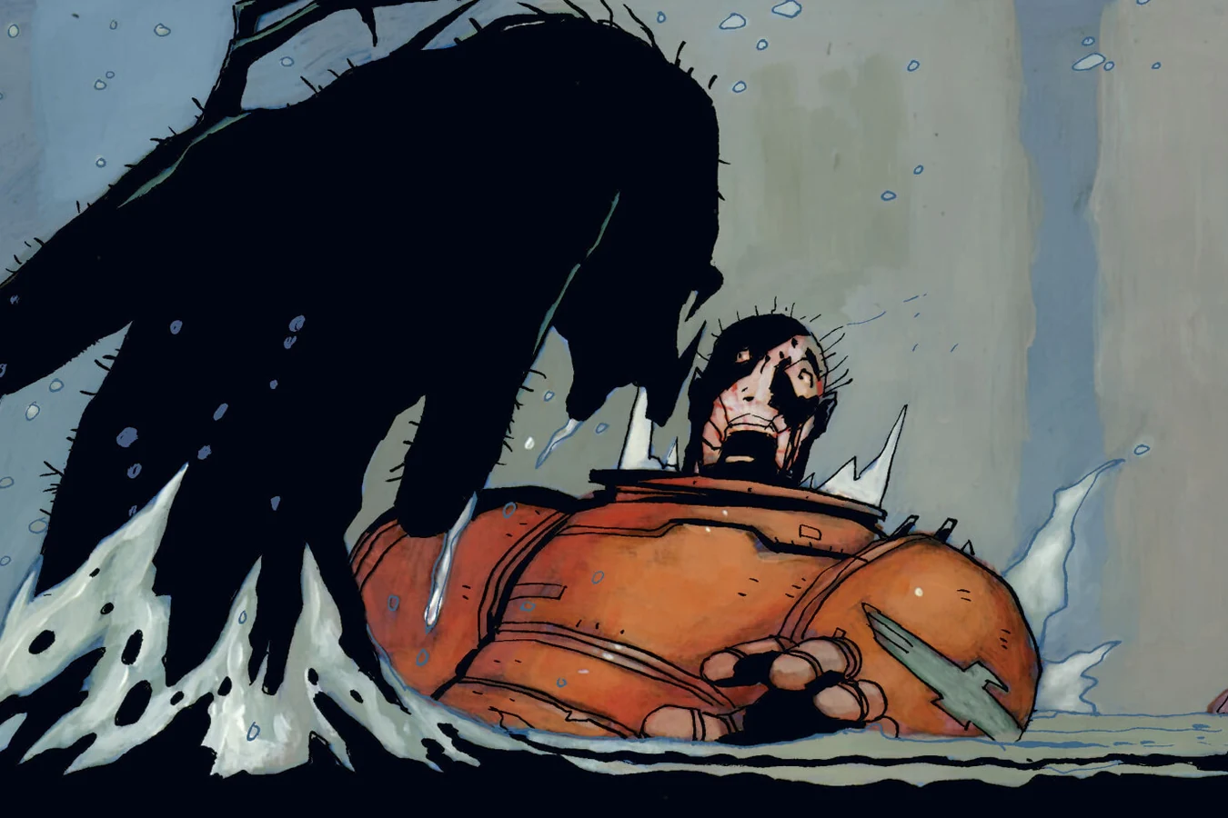 A silhouetted Predator rises from floodwater over Koenig in armored gear inside the breached bio-dome, from Predator: Captive