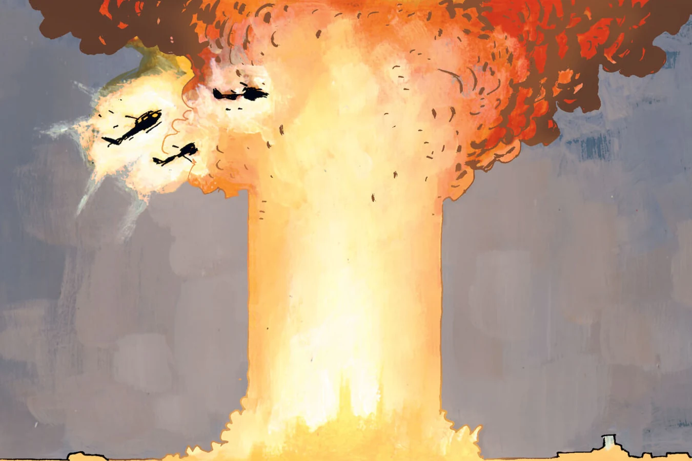 A mushroom-cloud blast rises over the Nevada desert as Nimrod helicopters scatter and one explodes in the fireball, from Predator: Captive