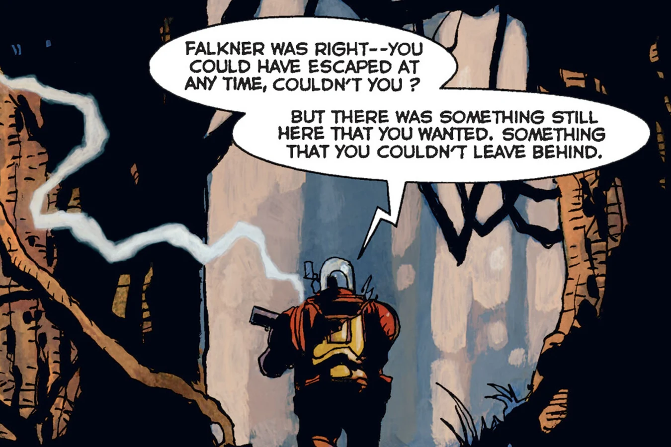 Tyler Stern in orange armor levels a shotgun at a silhouetted Predator in the bio-dome jungle, taunting it to come and get its prize, from Predator: Captive