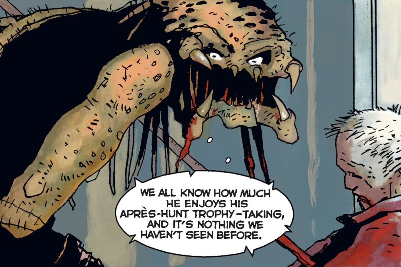 The Captive Predator with mandibles open over a strapped human trophy after the demonstration hunt, from Predator: Captive