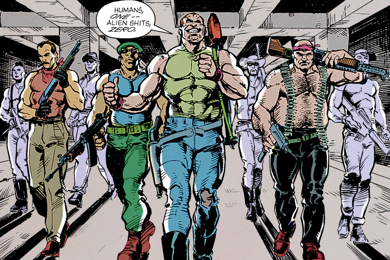 Carr leads an armed gang army through a parking garage to fight the hunters in Predator: Concrete Jungle