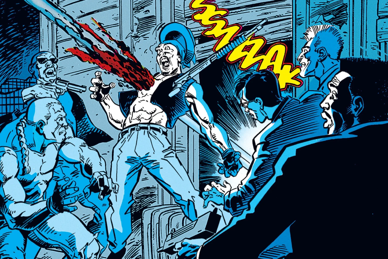 A gang member is cut down by a blast during the peace talks between Lamb and Carr in Predator: Concrete Jungle