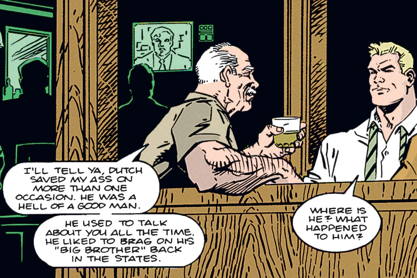 General Philips tells Schaefer over drinks in a bar that Dutch saved his life and used to brag about his big brother in Predator: Concrete Jungle