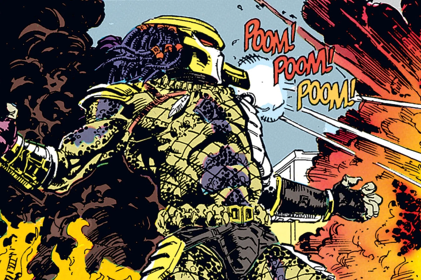 A gold-armored Predator stands amid fire and smoke on a Midtown street as gunfire strikes around it in Predator: Concrete Jungle