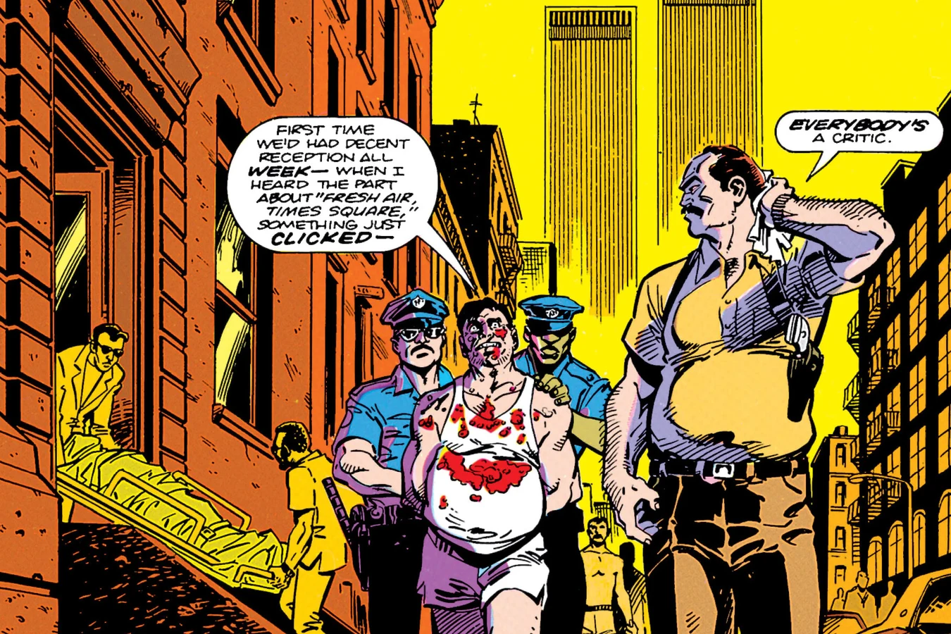 Police officers lead a bloodied man in an undershirt out of a Lower East Side building as Rasche wipes his neck in the heat in Predator: Concrete Jungle