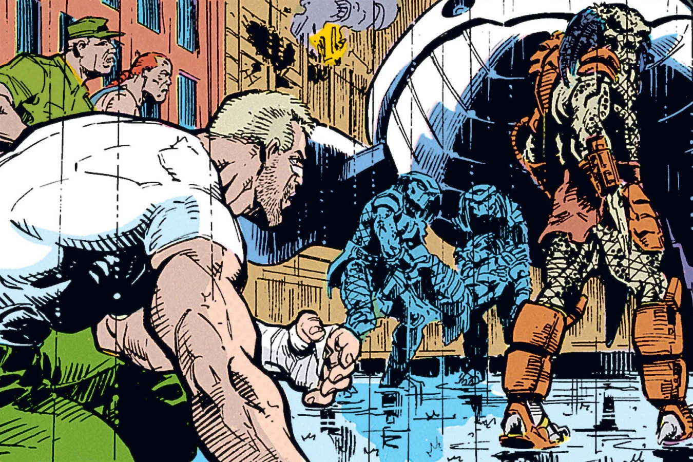 Schaefer looks on as the Predators gather around their landed ship in the rain over Midtown in Predator: Concrete Jungle