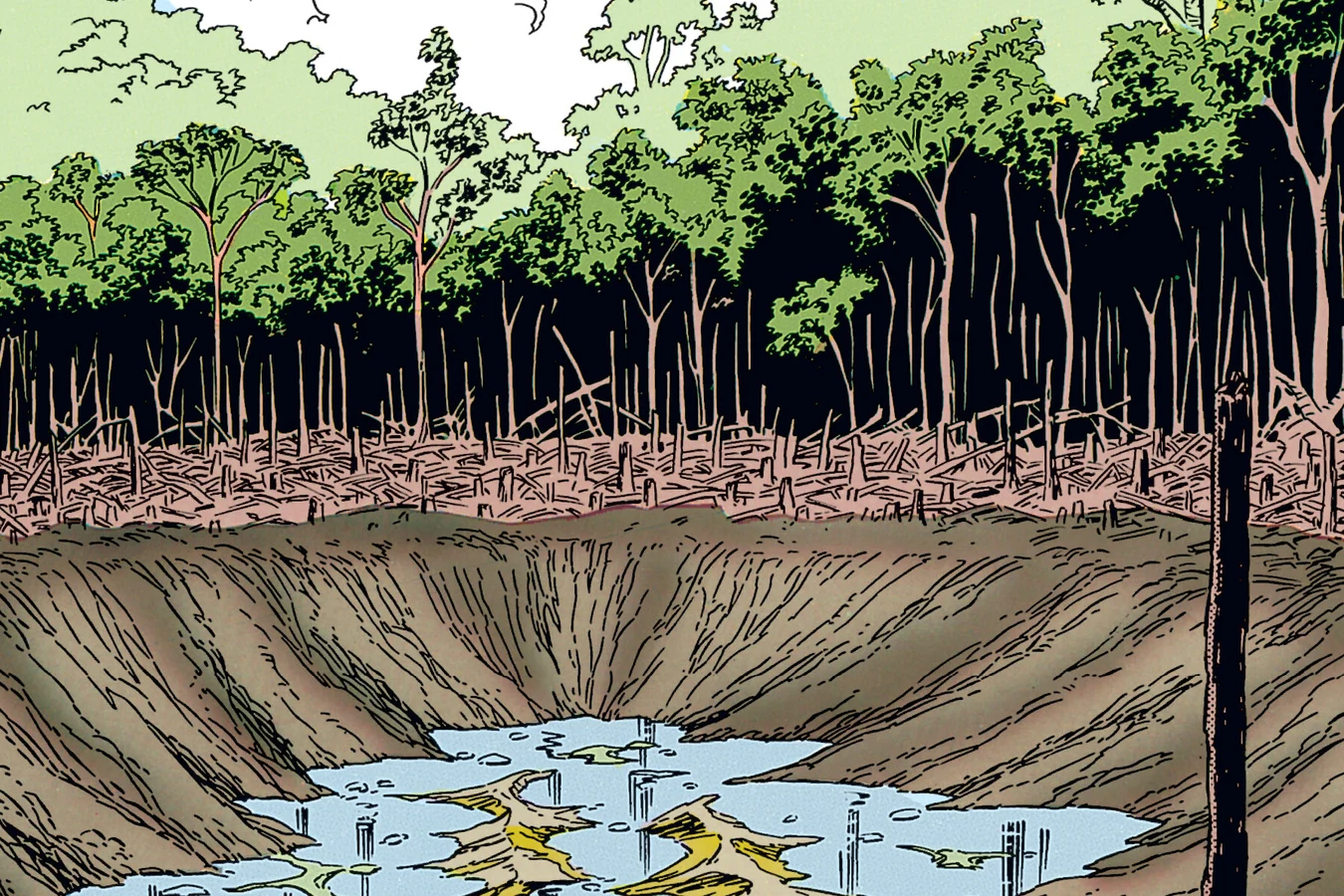 A vast crater of standing water ringed by flattened trees in the Colombian jungle in Predator: Concrete Jungle