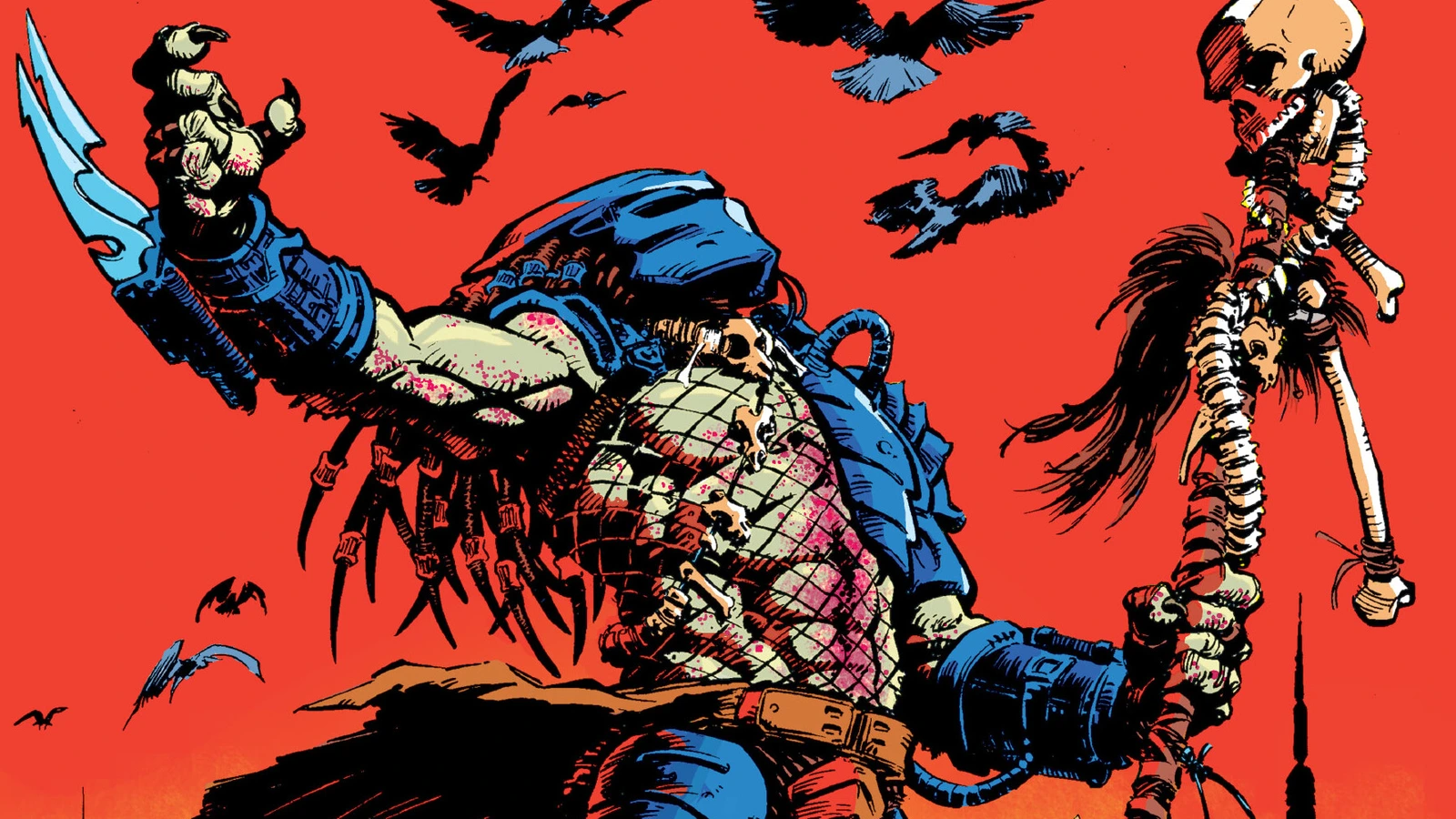 A Predator raises its wrist blade and a skull-topped spear as crows circle against a red sky in Chris Warner's cover art for Predator: Concrete Jungle