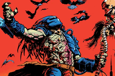A Predator raises its wrist blade and a skull-topped spear as crows circle against a red sky in Chris Warner's cover art for Predator: Concrete Jungle
