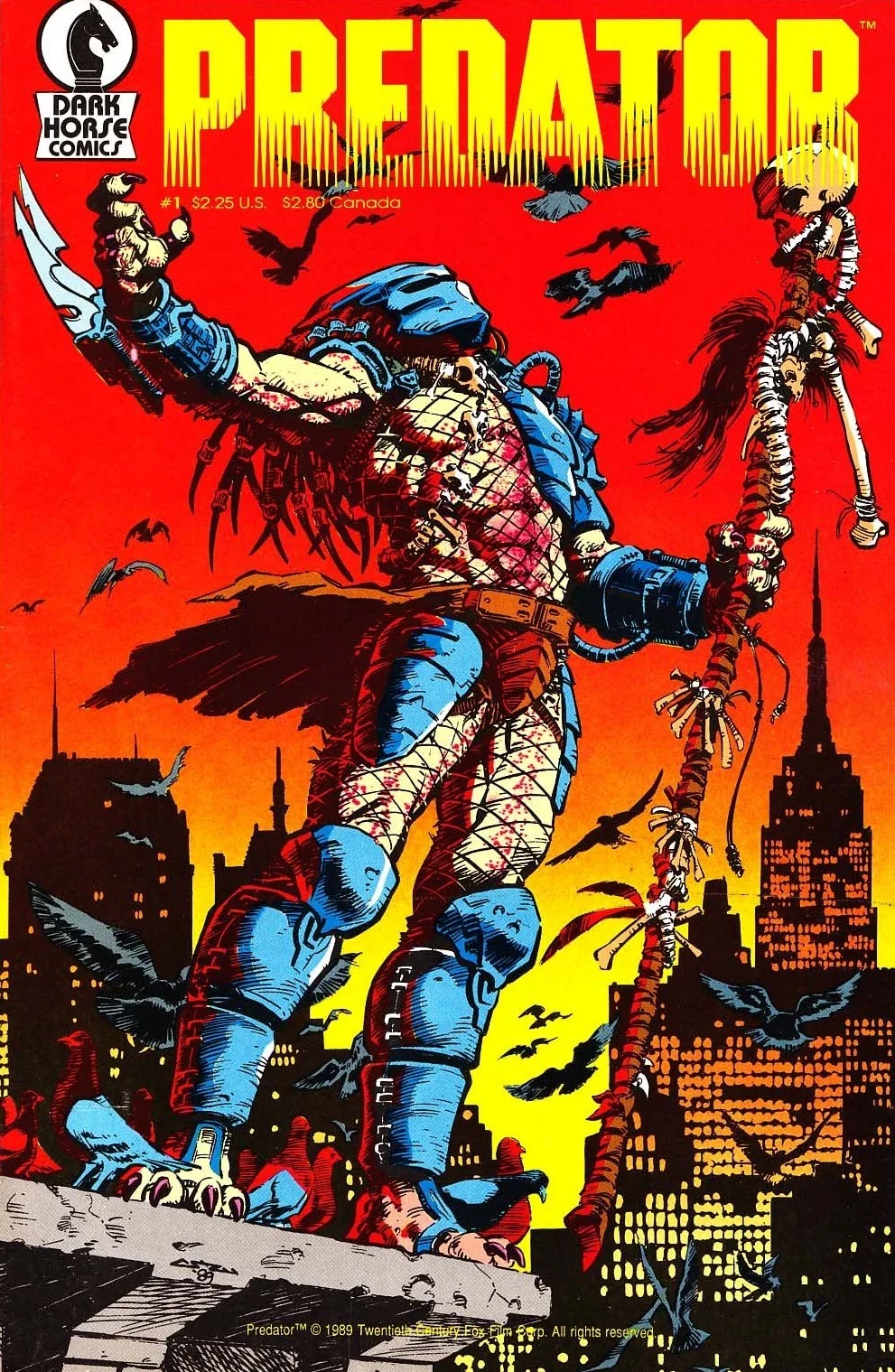 Chris Warner's cover art for Predator #1, with a Predator holding a skull-topped staff above the New York skyline as crows circle