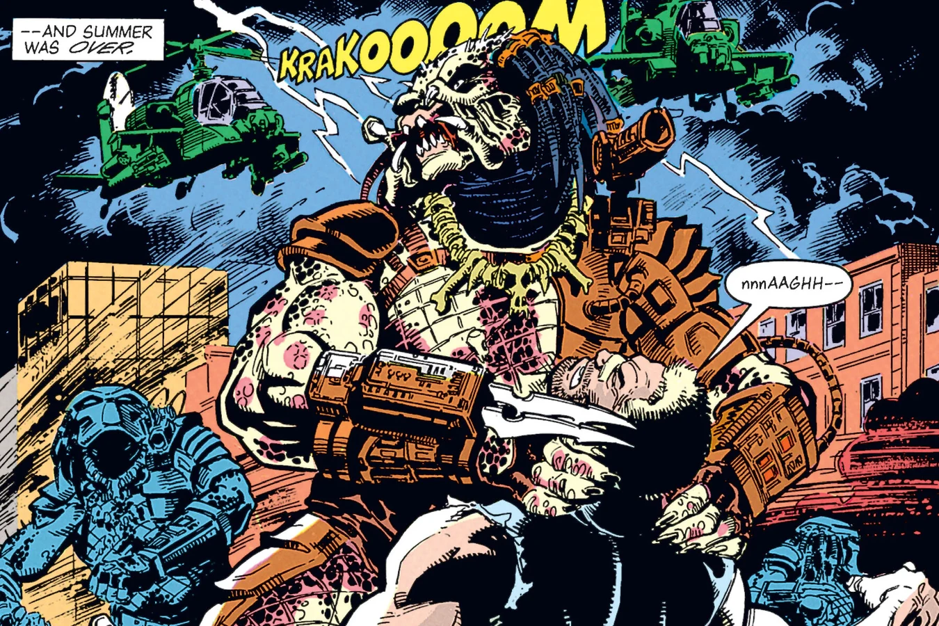 A Predator lifts Schaefer off the ground as lightning splits the sky and Army gunships close in over Midtown in Predator: Concrete Jungle