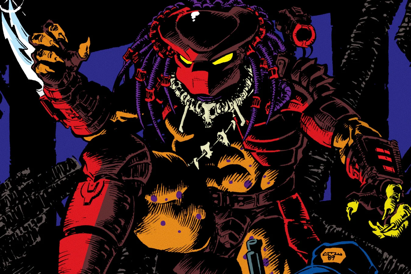 A red-armored Predator with a wrist blade looms in the dark in Chris Warner's cover art for Predator #3 in Predator: Concrete Jungle