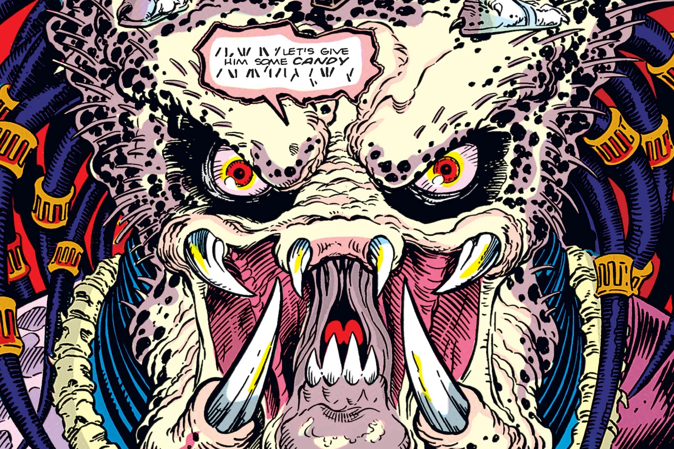 The unmasked Predator snarls at Schaefer after he knocks its mask away in Predator: Concrete Jungle