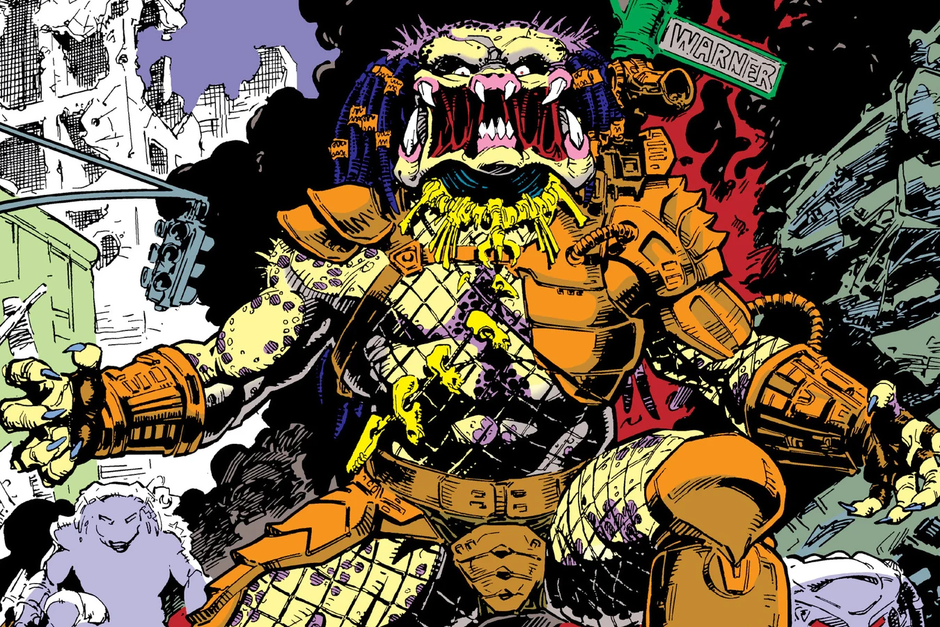 A roaring Predator leads other hunters through the ruins of Midtown in Chris Warner's cover art for Predator #4 in Predator: Concrete Jungle