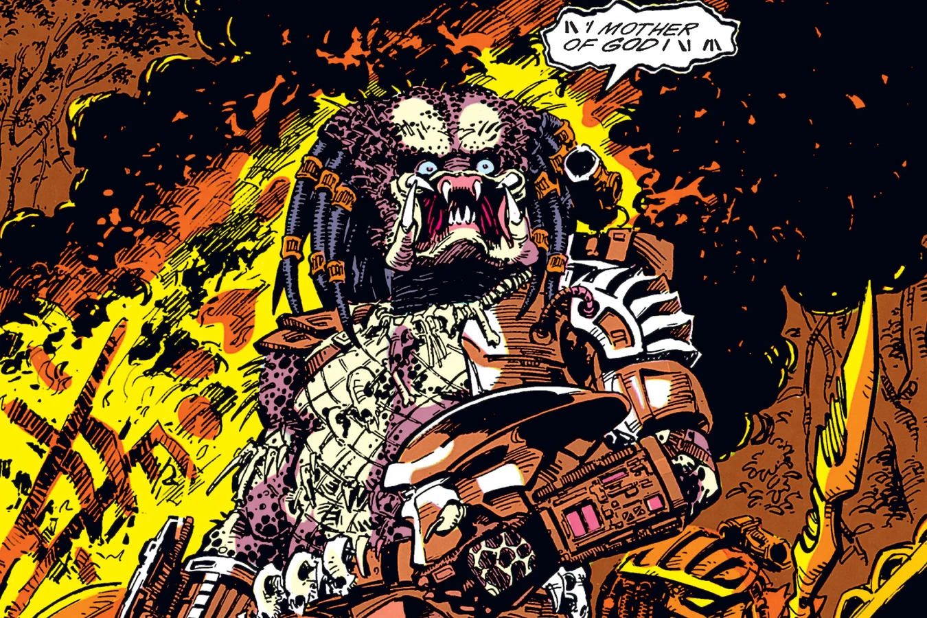 A Predator with skulls on its belt stands in the flames of Eschevera's compound in Predator: Concrete Jungle
