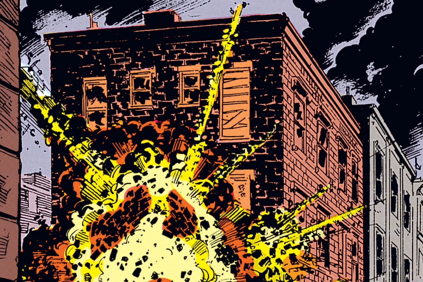 Rasche's rocket blasts through the brick building where Schaefer and Carr fought the Predator in Predator: Concrete Jungle