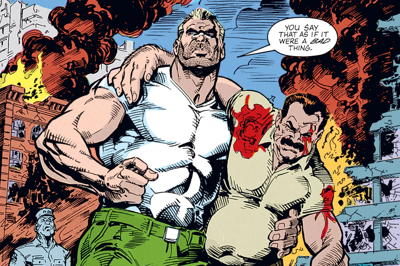 Schaefer helps the bloodied Rasche through the burning ruins of Midtown after the battle in Predator: Concrete Jungle