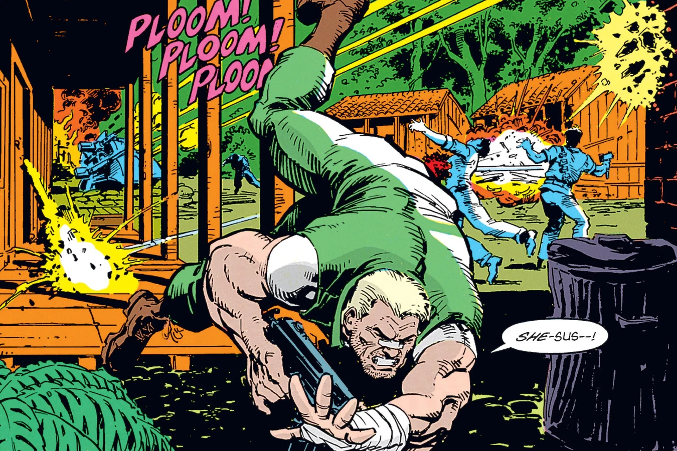 Schaefer dives for cover with a pistol as plasma blasts rip through Eschevera's compound in Predator: Concrete Jungle