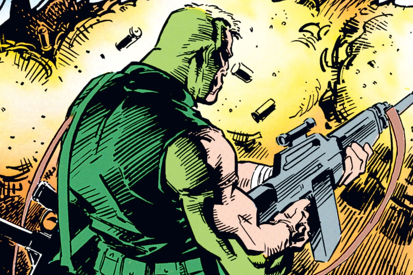 Schaefer fires an automatic weapon into the Colombian jungle as spent casings fly around him in Predator: Concrete Jungle