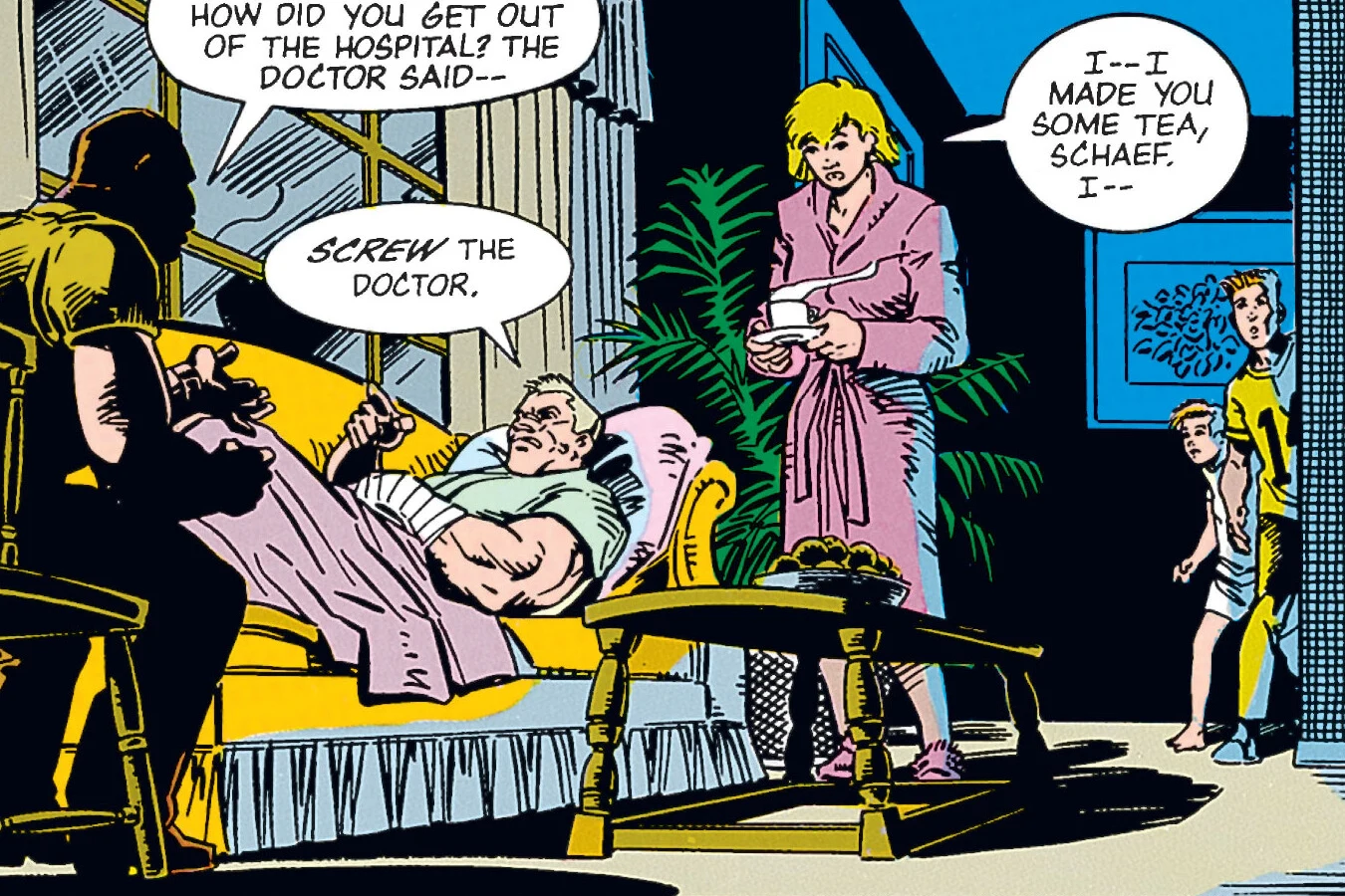 Schaefer lies on Rasche's couch after walking out of the hospital as Shari brings him tea and her sons watch from the doorway in Predator: Concrete Jungle