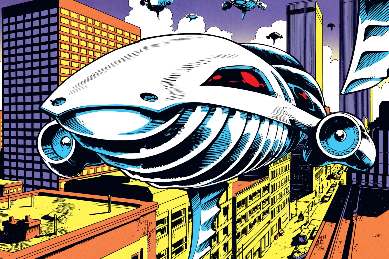 A cloaked Predator ship hovers between Manhattan skyscrapers as seen through the hunter's mask in Predator: Concrete Jungle