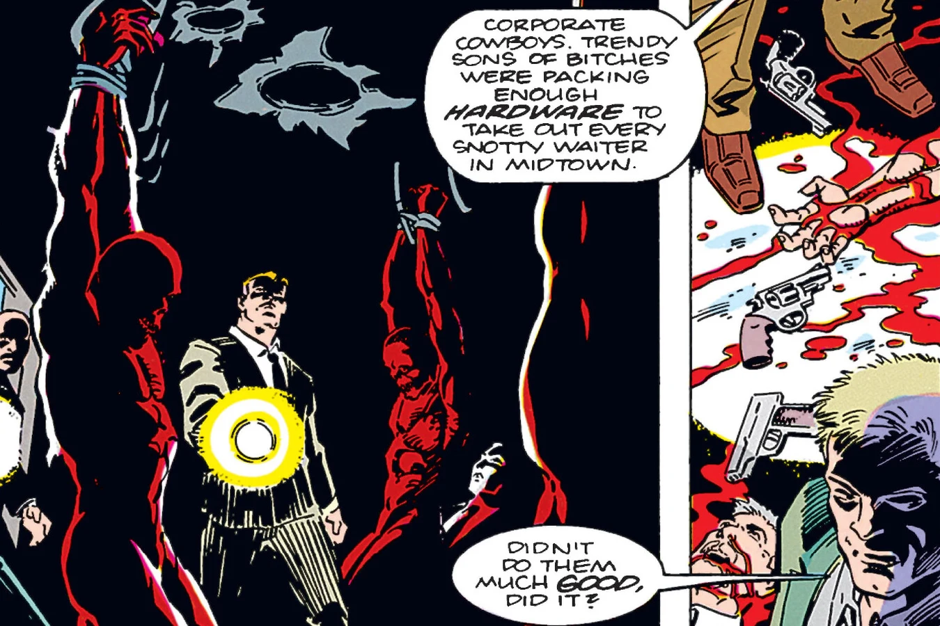 Schaefer shines a flashlight on the skinned executives hanging inside the wrecked subway car in Predator: Concrete Jungle