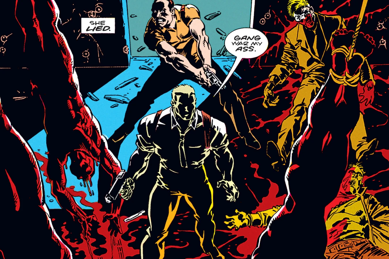 Gang members hang upside down from the ceiling of Lamb's building as Schaefer and Rasche find the massacre in Predator: Concrete Jungle