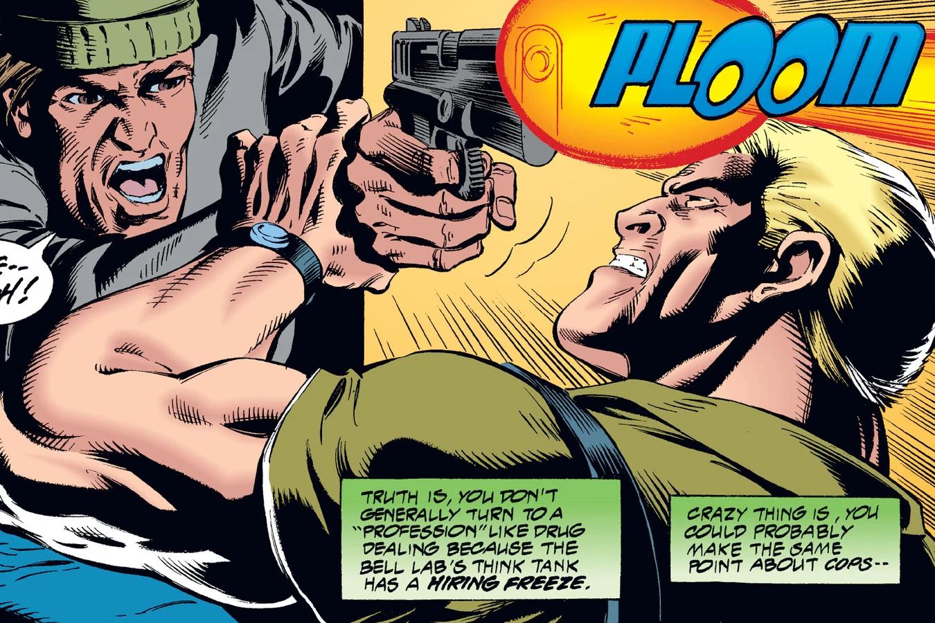 A drug dealer in a beanie firing at Schaefer as he bursts into the apartment in the Predator: Dark River comic