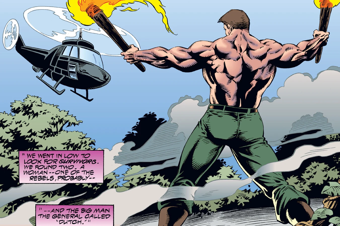 Dutch holding two torches in the jungle beside the helicopter in Mercer's story in the Predator: Dark River comic