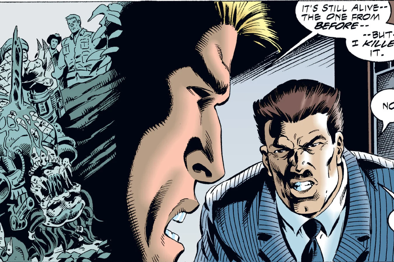 El Presidente telling Schaefer in the palace screening room that he had enraged the creature in the Predator: Dark River comic