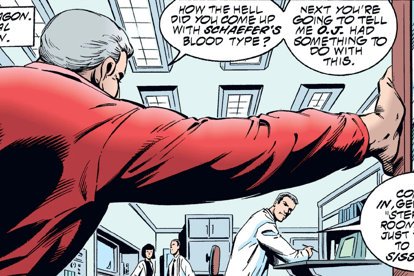 General Philips storming into the Pentagon's medical section in his red golf sweater in the Predator: Dark River comic