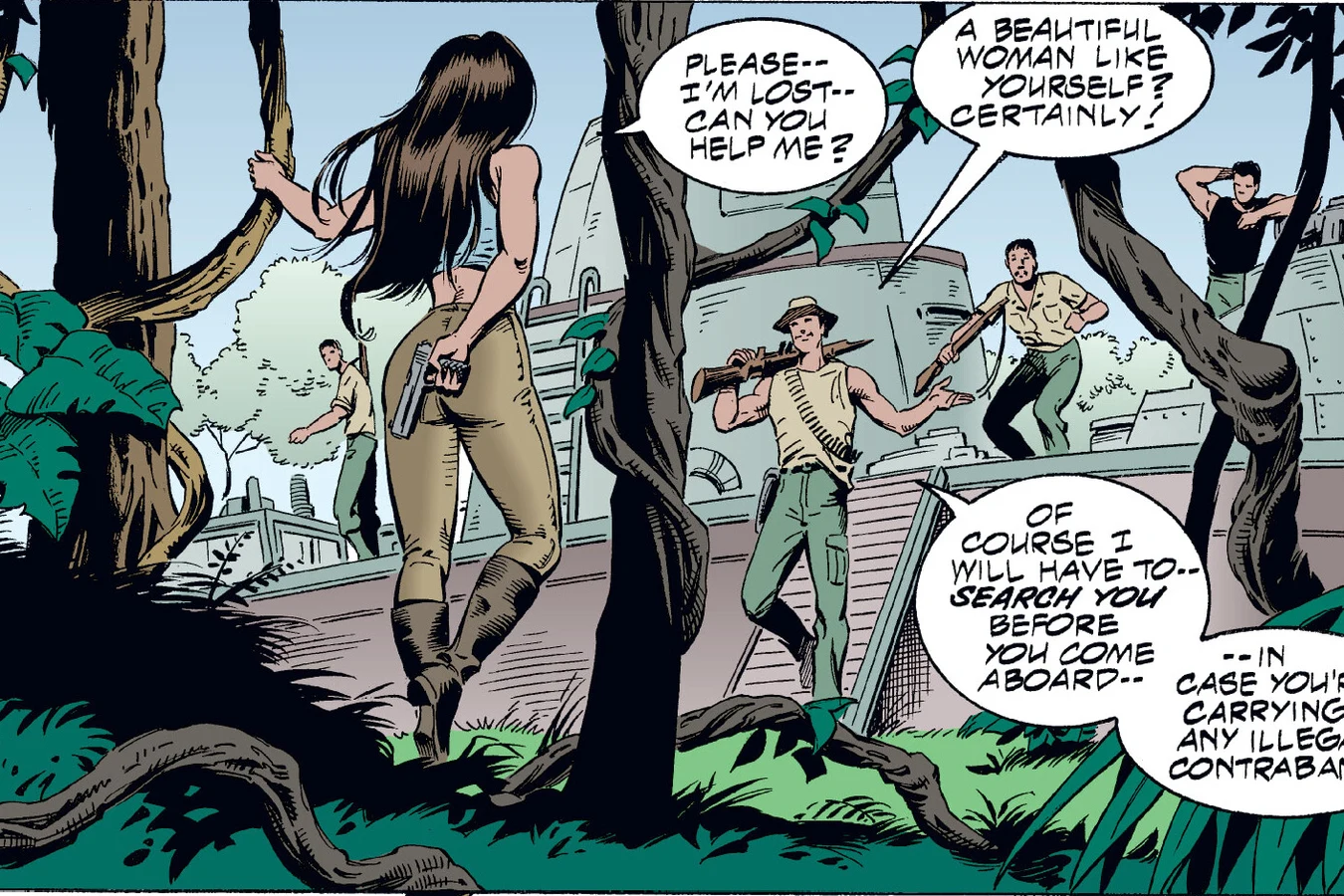 Lopez walking up to the renegade gunboat on the riverbank pretending to be lost in the Predator: Dark River comic