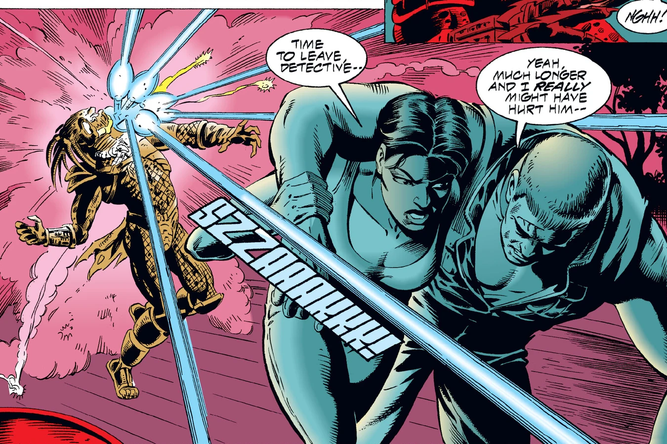 Lopez pulling the battered Schaefer away after firing a flare into the Predator's face in the Predator: Dark River comic