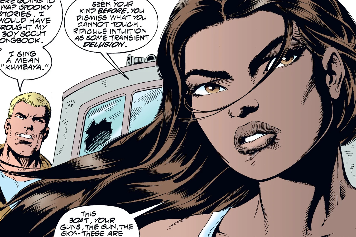 Lopez warning Schaefer about the darkness beyond the shoreline of El Rio Oscuro in the Predator: Dark River comic