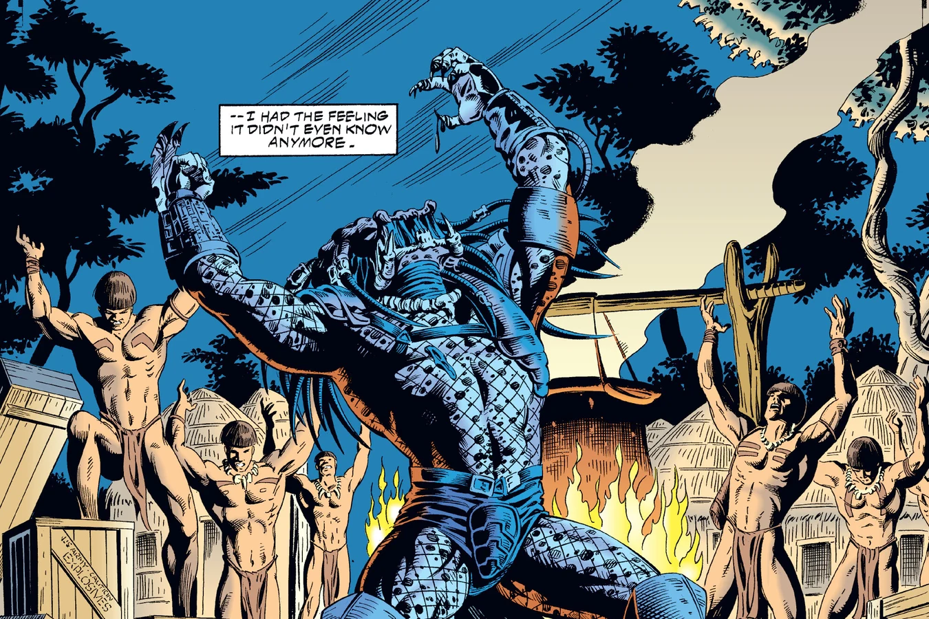 The native tribe raising their arms in worship before the Predator in the village in the Predator: Dark River comic