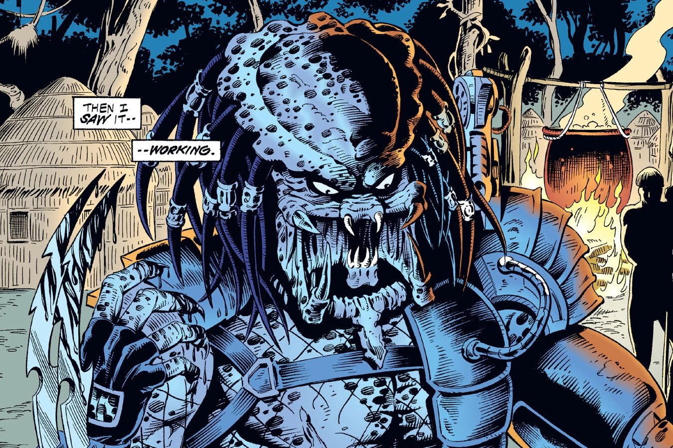 The Predator kneeling over its living experiments in the native village at night in the Predator: Dark River comic