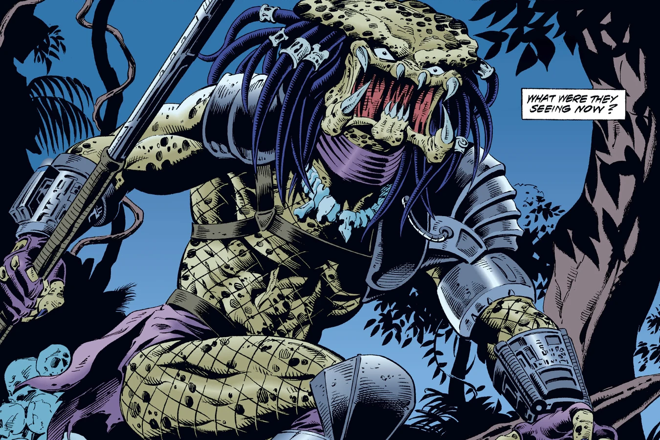The Predator crouching with its spear on a mound of human skulls under the stars in the Predator: Dark River comic